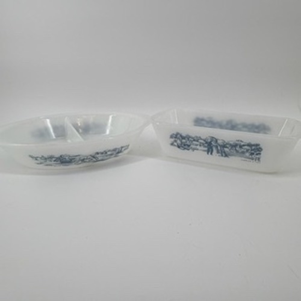 Vintage Currier Ives Milk Glass Blue Scenic Farm Loaf Pan Divided Casserole Dish